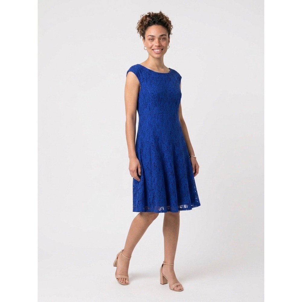 Ralph Lauren Royal Blue Knee Length Fit & Flare w/ Lace Overlay / Sz 14 / Lined